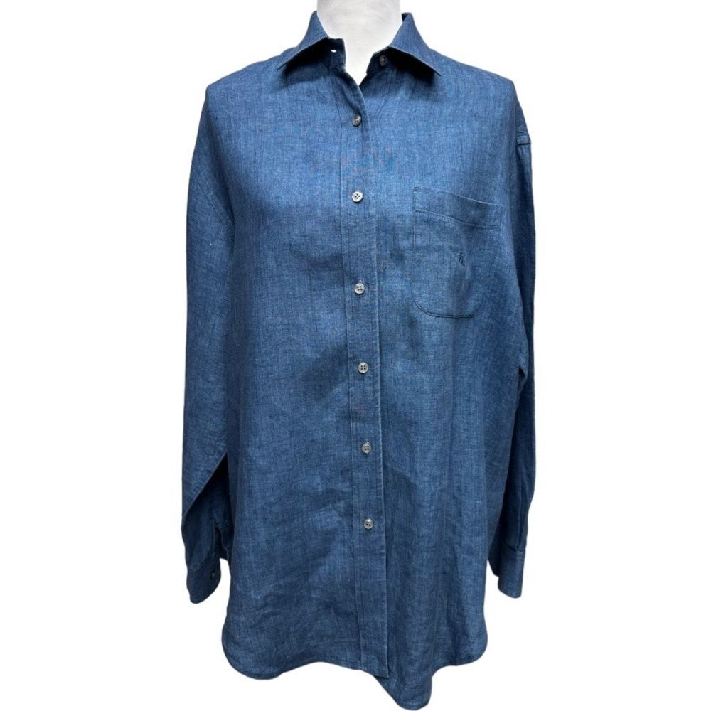 Lauren Ralph Lauren 100% Linen Long Sleeve Button Up Blue‎ Top Blouse Size M
